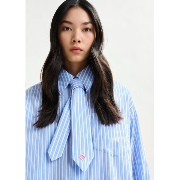 Essentiel Antwerp Blue and white striped shirt with removable tie - Essentiel Antwerp Shirts - Colorful Belgian Design - Shop at Luxury Shoes 