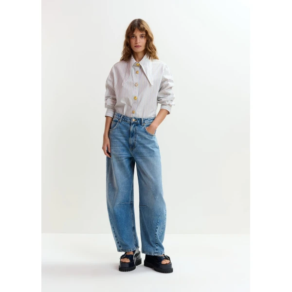 Essentiel Antwerp Blue distressed organic cotton cropped barrel-leg jeans - Essentiel Antwerp Pants - Colorful Belgian Design - Shop at Luxury Shoes 