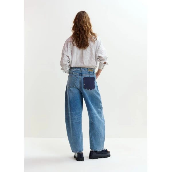 Essentiel Antwerp Blue distressed organic cotton cropped barrel-leg jeans - Essentiel Antwerp Pants - Colorful Belgian Design - Shop at Luxury Shoes 