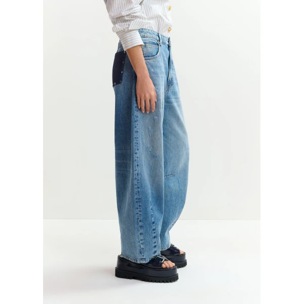 Essentiel Antwerp Blue distressed organic cotton cropped barrel-leg jeans - Essentiel Antwerp Pants - Colorful Belgian Design - Shop at Luxury Shoes 