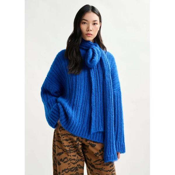 Essentiel Antwerp Blue mohair-blend ribbed sweater with pussy-bow tie - Essentiel Antwerp Knitwear - Colorful Belgian Design - Shop at Luxury Shoes 