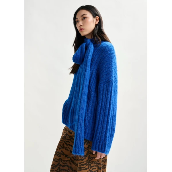 Essentiel Antwerp Blue mohair-blend ribbed sweater with pussy-bow tie - Essentiel Antwerp Knitwear - Colorful Belgian Design - Shop at Luxury Shoes 
