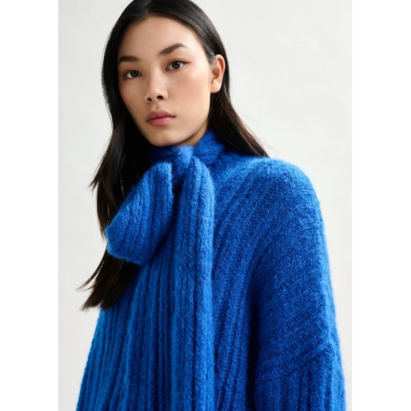 Essentiel Antwerp Blue mohair-blend ribbed sweater with pussy-bow tie - Essentiel Antwerp Knitwear - Colorful Belgian Design - Shop at Luxury Shoes 