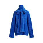 Essentiel Antwerp Blue mohair-blend ribbed sweater with pussy-bow tie - Essentiel Antwerp Knitwear - Colorful Belgian Design - Shop at Luxury Shoes 