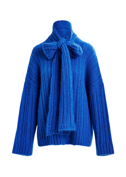 Essentiel Antwerp Blue mohair-blend ribbed sweater with pussy-bow tie - Essentiel Antwerp Knitwear - Colorful Belgian Design - Shop at Luxury Shoes 
