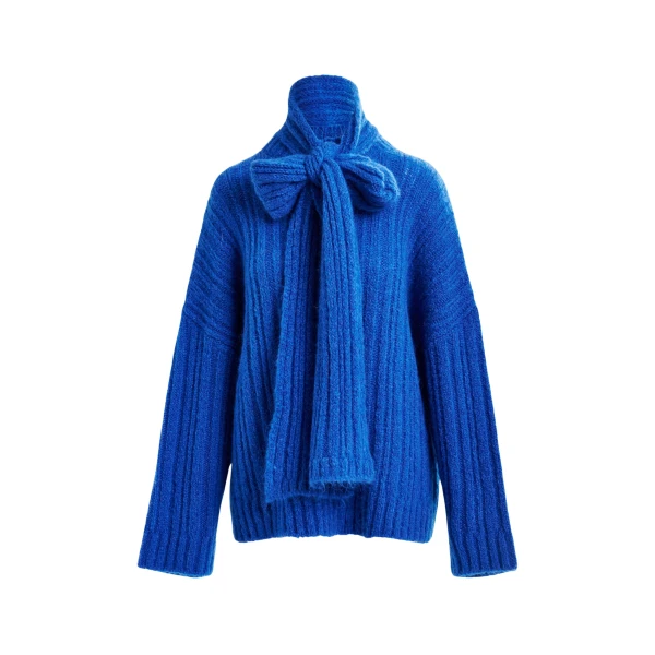 Essentiel Antwerp Blue mohair-blend ribbed sweater with pussy-bow tie - Essentiel Antwerp Knitwear - Colorful Belgian Design - Shop at Luxury Shoes 