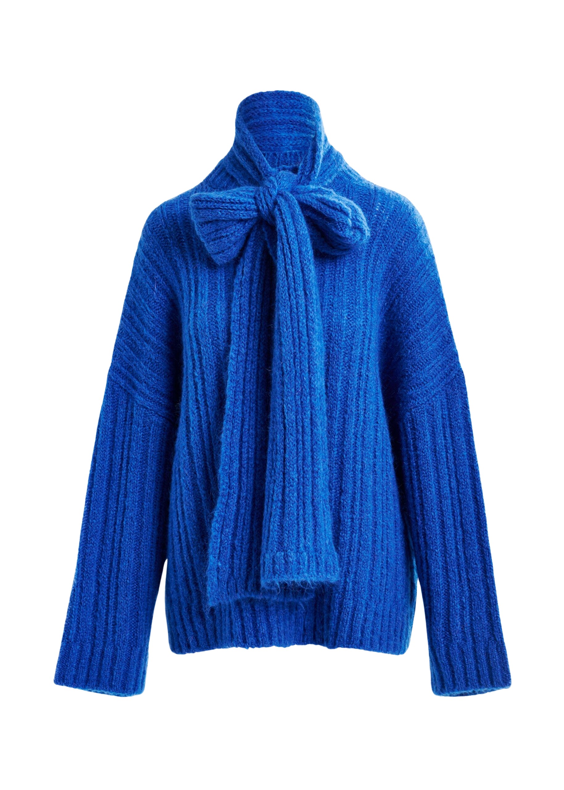 Essentiel Antwerp Blue mohair-blend ribbed sweater with pussy-bow tie - Essentiel Antwerp Knitwear - Colorful Belgian Design - Shop at Luxury Shoes 