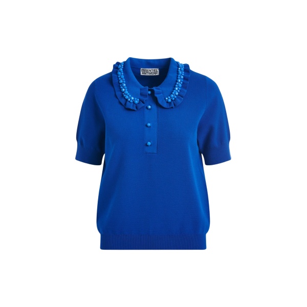 Essentiel Antwerp Blue ruffle fine-knit polo top with bead embellishments - Essentiel Antwerp Tops - Colorful Belgian Design - Shop at Luxury Shoes 