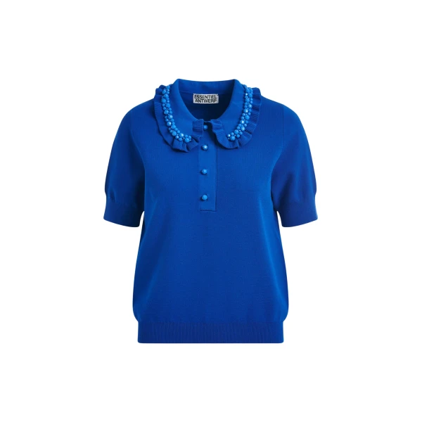 Essentiel Antwerp Blue ruffle fine-knit polo top with bead embellishments - Essentiel Antwerp Tops - Colorful Belgian Design - Shop at Luxury Shoes 