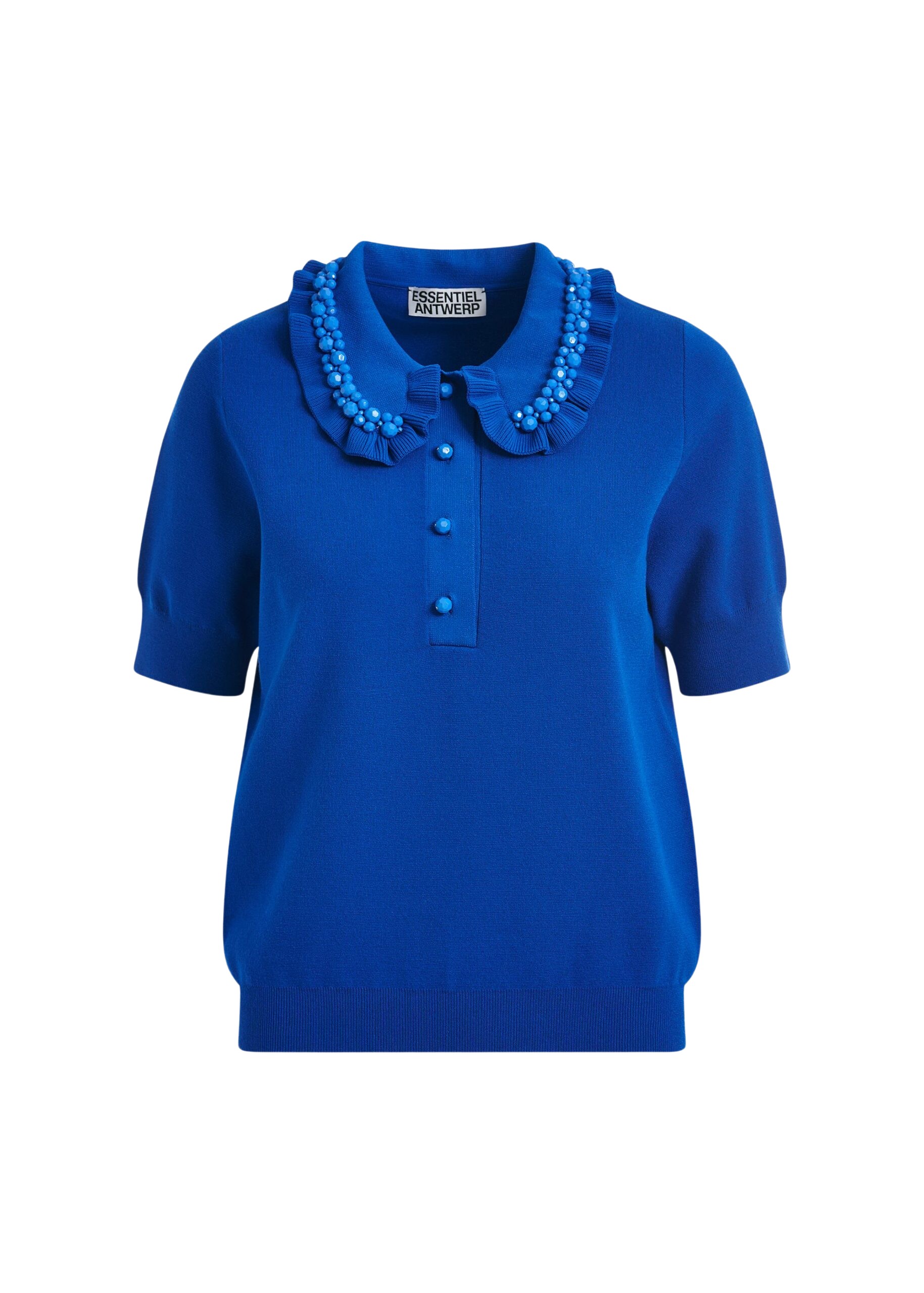 Essentiel Antwerp Blue ruffle fine-knit polo top with bead embellishments