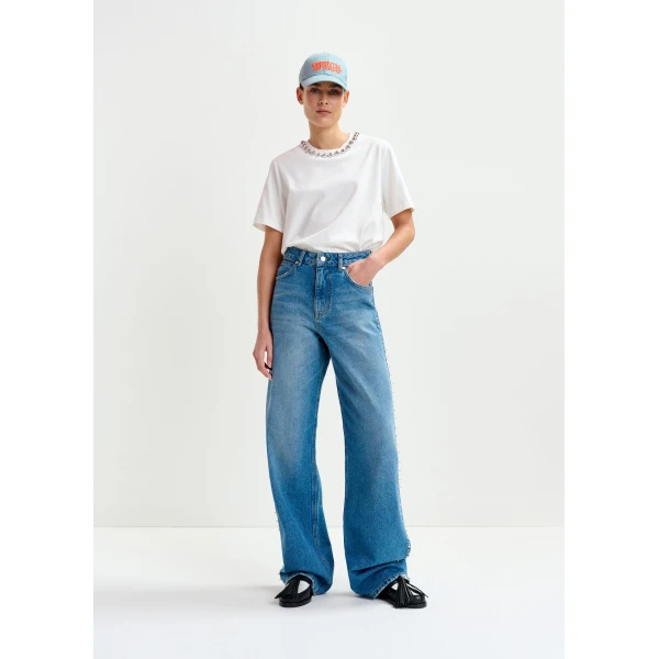 Essentiel Antwerp Blue straight leg jeans with pearl and stud embellishments - Essentiel Antwerp Pants - Colorful Belgian Design - Shop at Luxury Shoes 