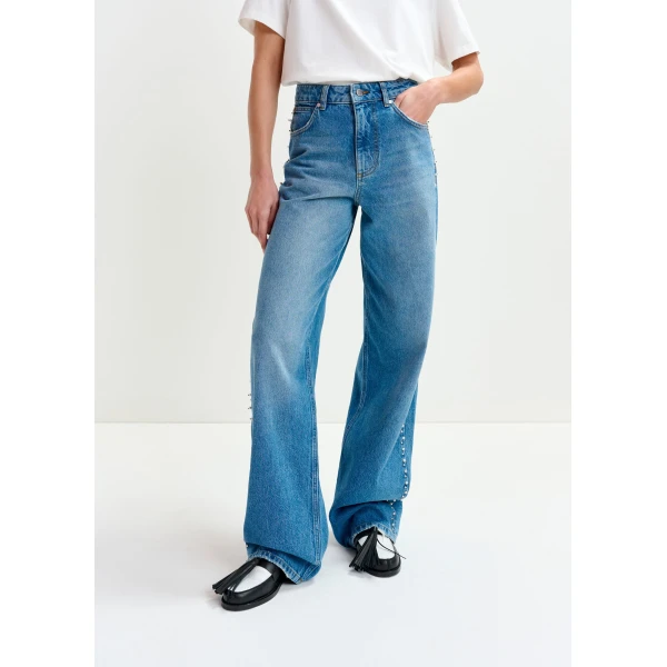 Essentiel Antwerp Blue straight leg jeans with pearl and stud embellishments - Essentiel Antwerp Pants - Colorful Belgian Design - Shop at Luxury Shoes 