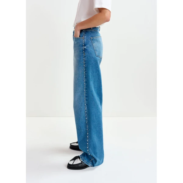 Essentiel Antwerp Blue straight leg jeans with pearl and stud embellishments - Essentiel Antwerp Pants - Colorful Belgian Design - Shop at Luxury Shoes 