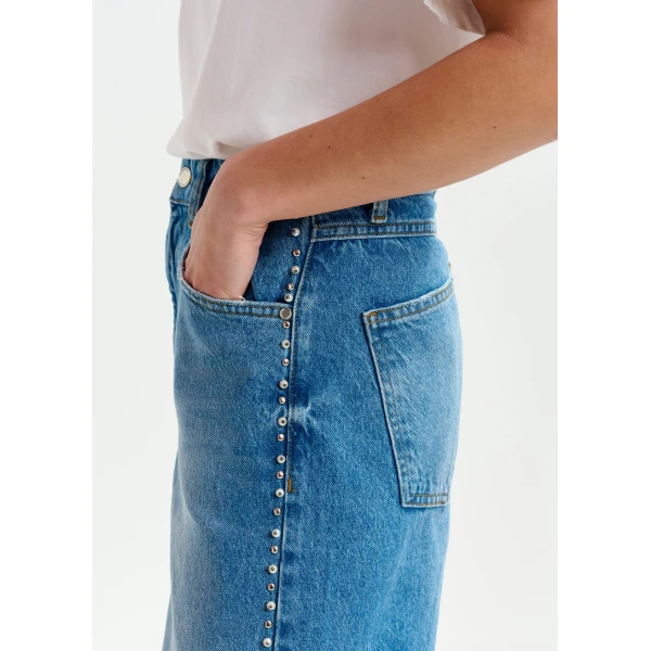 Essentiel Antwerp Blue straight leg jeans with pearl and stud embellishments - Essentiel Antwerp Pants - Colorful Belgian Design - Shop at Luxury Shoes 