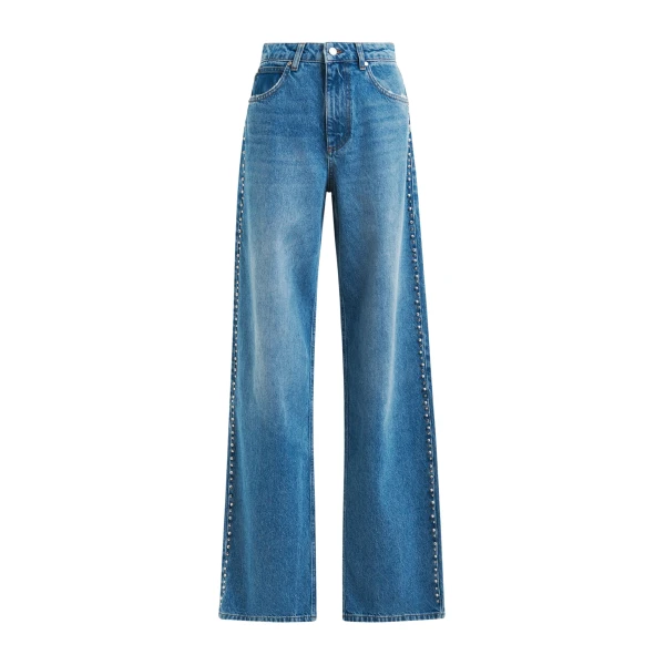 Essentiel Antwerp Blue straight leg jeans with pearl and stud embellishments - Essentiel Antwerp Pants - Colorful Belgian Design - Shop at Luxury Shoes 