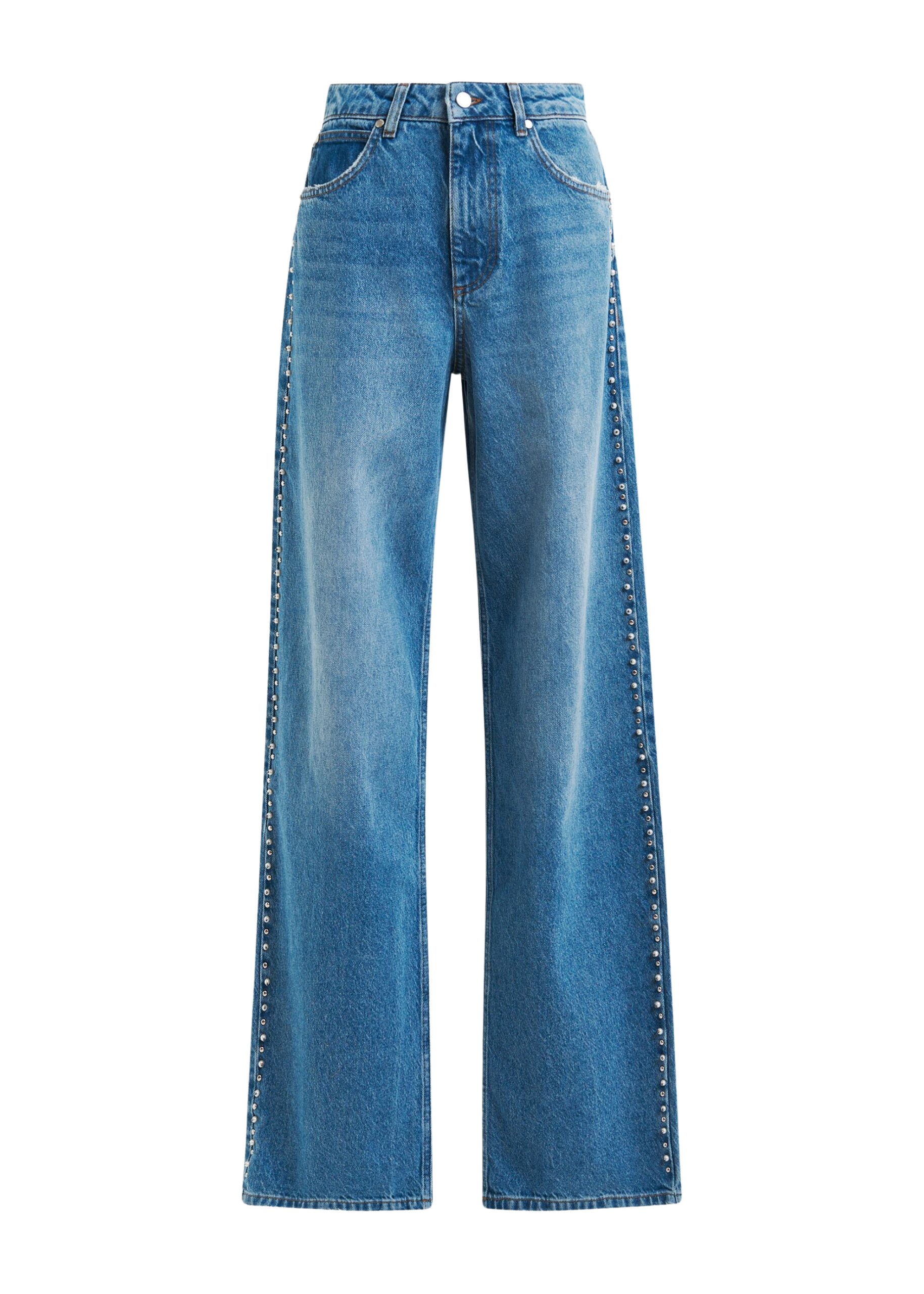Essentiel Antwerp Blue straight leg jeans with pearl and stud embellishments - Essentiel Antwerp Pants - Colorful Belgian Design - Shop at Luxury Shoes 