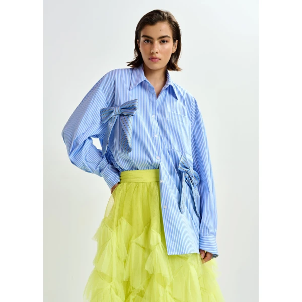 white and black striped oversized cotton shirt with tie bows - Essentiel Antwerp Shirts - Colorful Belgian Design - Shop at Luxury Shoes 