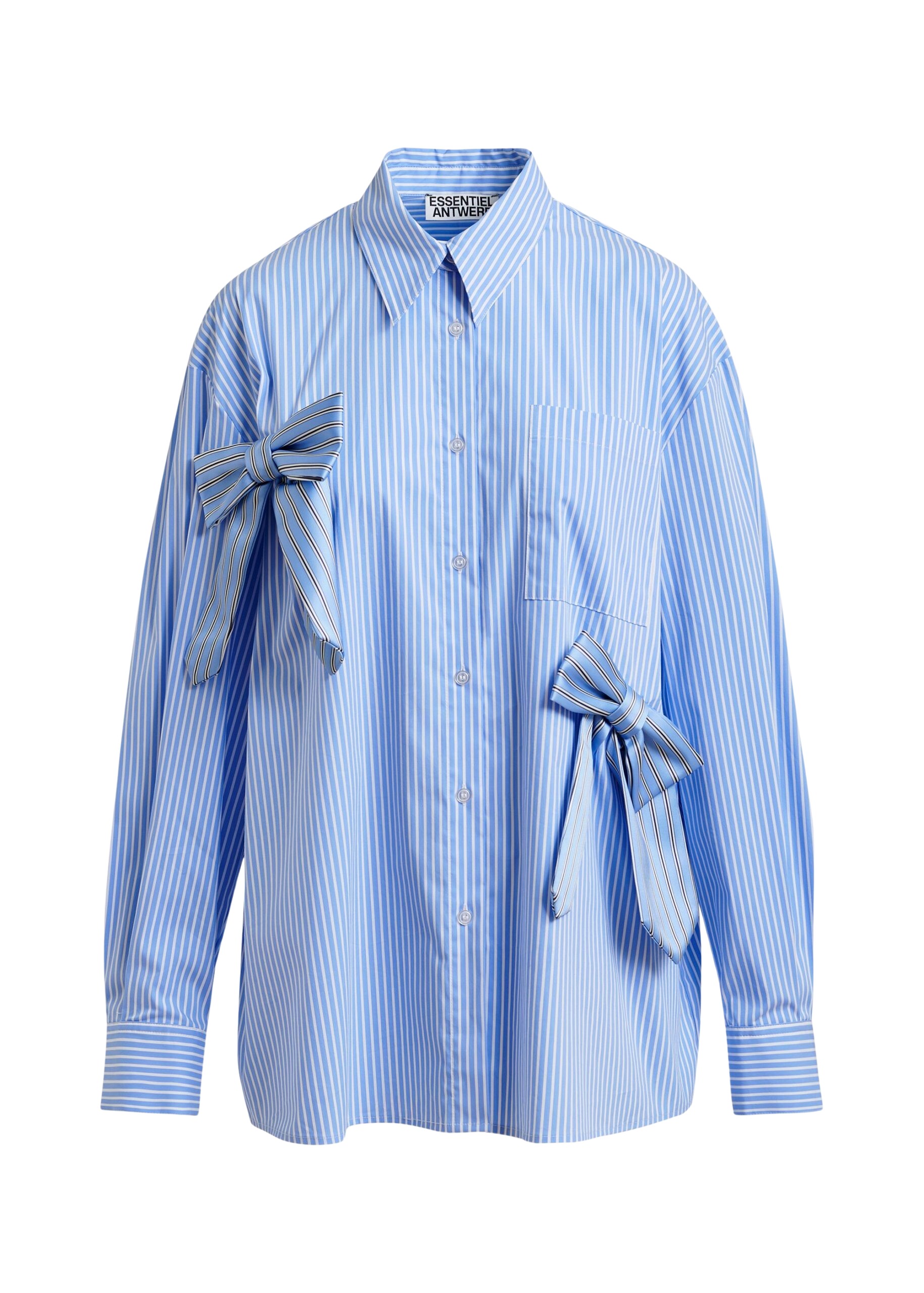 Essentiel Antwerp Blue, white and black striped oversized cotton shirt with tie bows