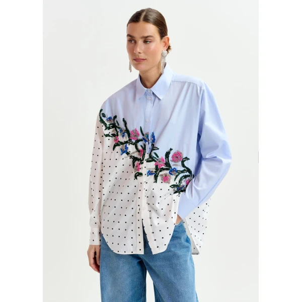 white and multicolor cotton shirt with sequin flowers and polka dot contrast - Essentiel Antwerp Shirts - Colorful Belgian Design - Shop at Luxury Shoes 