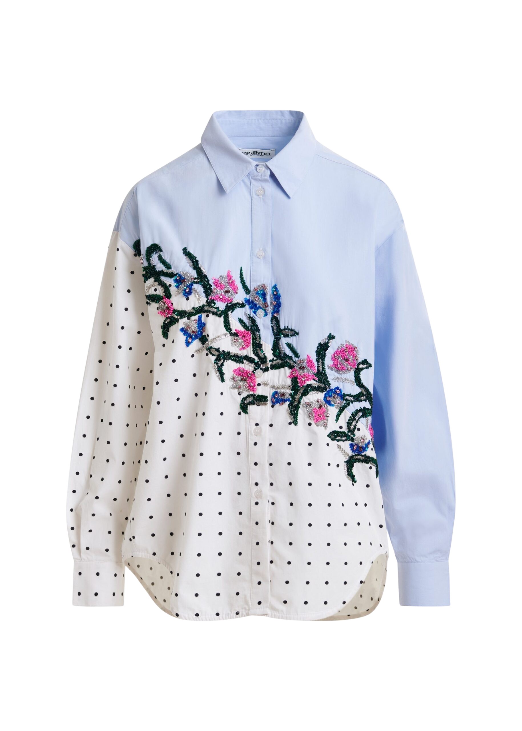 Essentiel Antwerp Blue, white and multicolor cotton shirt with sequin flowers and polka dot contrast
