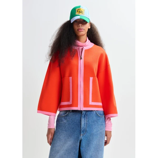 Essentiel Antwerp Bright orange and pink cardigan with contrasting trims and zip fastening - Essentiel Antwerp Knitwear - Colorful Belgian Design - Shop at Luxury Shoes 