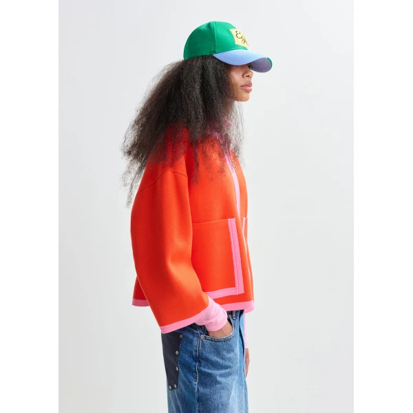 Essentiel Antwerp Bright orange and pink cardigan with contrasting trims and zip fastening - Essentiel Antwerp Knitwear - Colorful Belgian Design - Shop at Luxury Shoes 