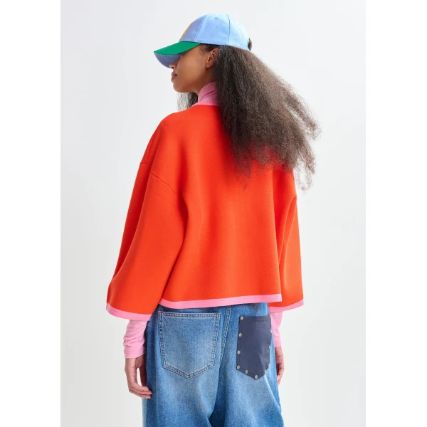 Essentiel Antwerp Bright orange and pink cardigan with contrasting trims and zip fastening - Essentiel Antwerp Knitwear - Colorful Belgian Design - Shop at Luxury Shoes 