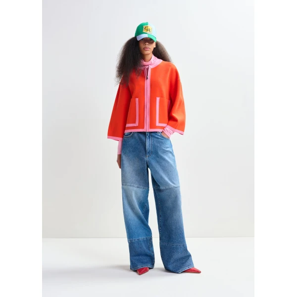 Essentiel Antwerp Bright orange and pink cardigan with contrasting trims and zip fastening - Essentiel Antwerp Knitwear - Colorful Belgian Design - Shop at Luxury Shoes 