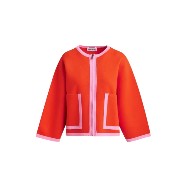 Essentiel Antwerp Bright orange and pink cardigan with contrasting trims and zip fastening - Essentiel Antwerp Knitwear - Colorful Belgian Design - Shop at Luxury Shoes 