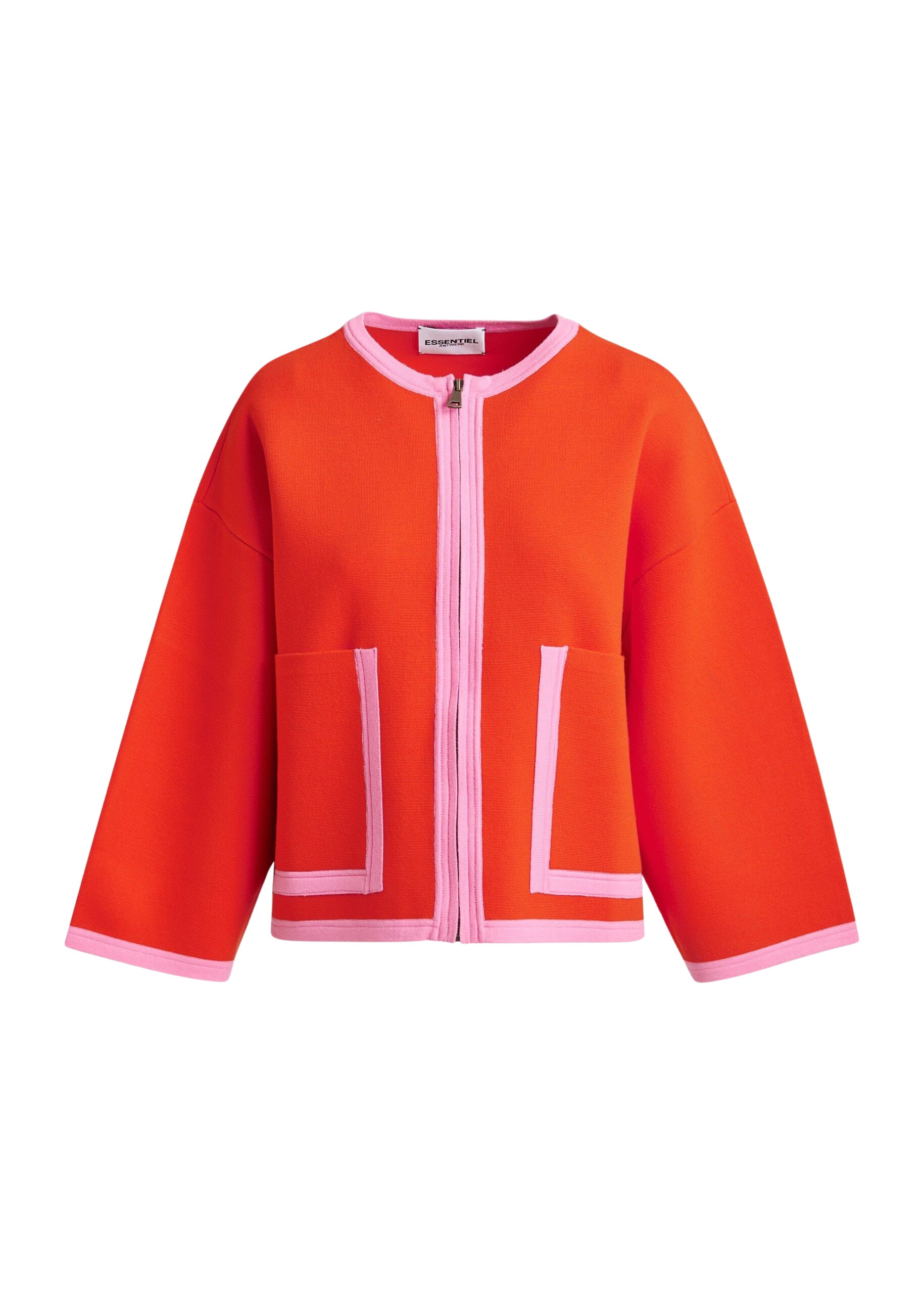 Essentiel Antwerp Bright orange and pink cardigan with contrasting trims and zip fastening