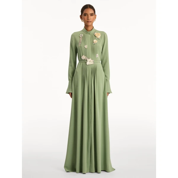 Oscar de la Renta Brooch Embroidered Long Sleeve Caftan - Oscar de la Renta Dresses - American Couture - Shop at Luxury Shoes 