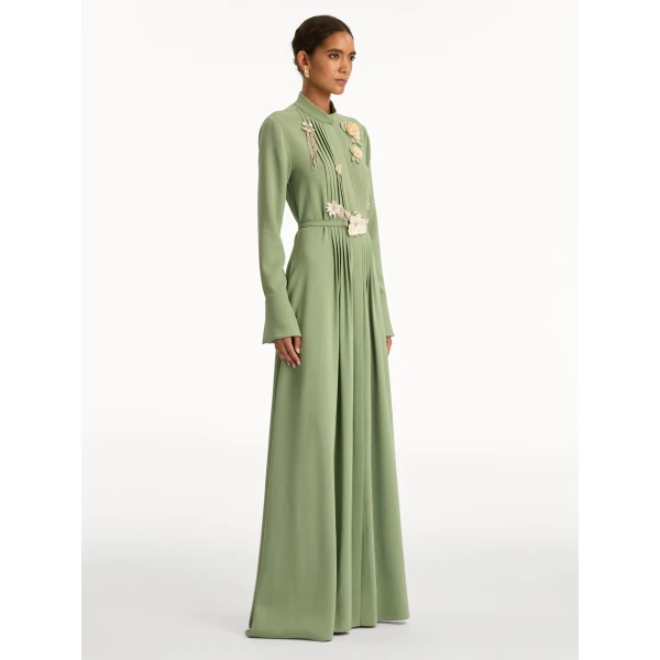 Oscar de la Renta Brooch Embroidered Long Sleeve Caftan - Oscar de la Renta Dresses - American Couture - Shop at Luxury Shoes 