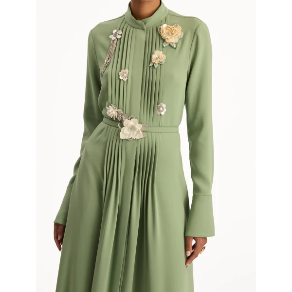Oscar de la Renta Brooch Embroidered Long Sleeve Caftan - Oscar de la Renta Dresses - American Couture - Shop at Luxury Shoes 