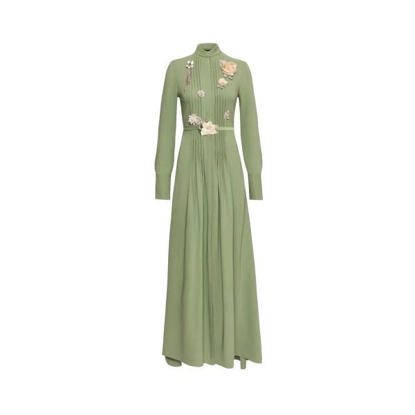 Oscar de la Renta Brooch Embroidered Long Sleeve Caftan - Oscar de la Renta Dresses - American Couture - Shop at Luxury Shoes 