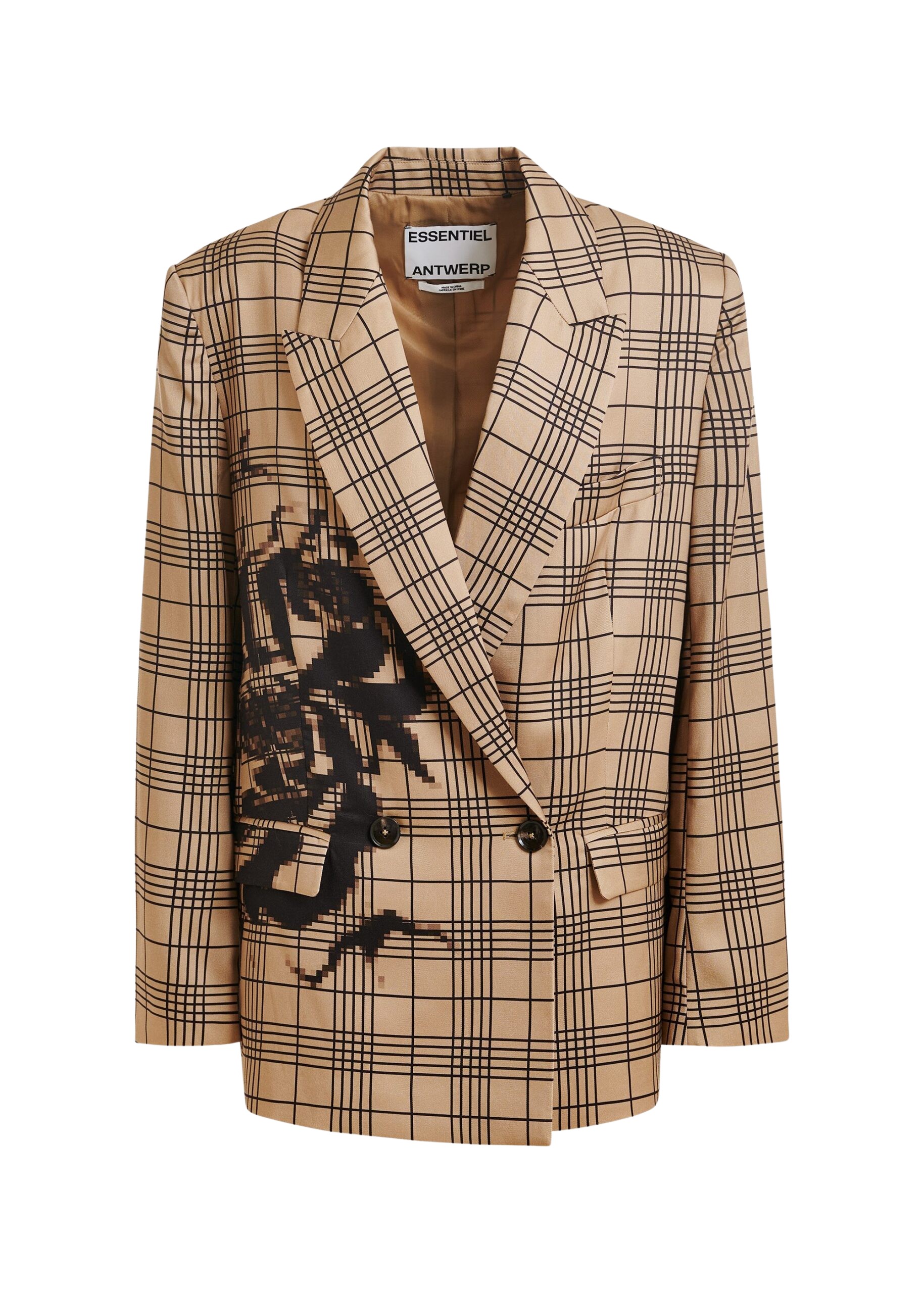 Essentiel Antwerp Brown and black double-breasted blazer with placed pixel print - Essentiel Antwerp Jackets - Colorful Belgian Design - Shop at Luxury Shoes 
