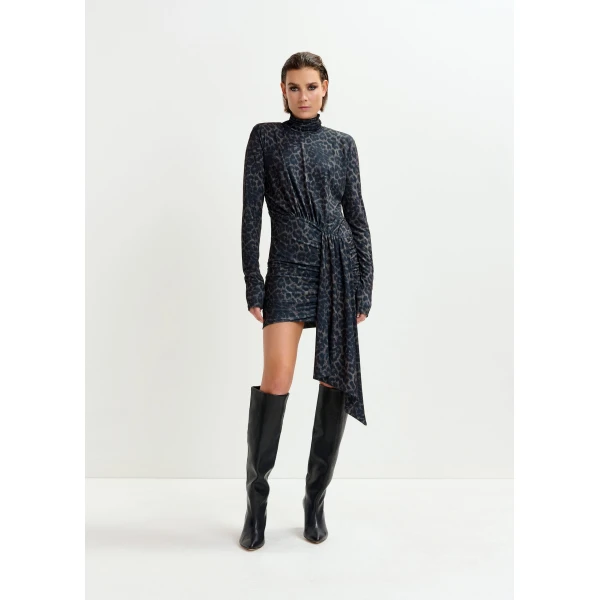 Essentiel Antwerp Brown and black draped leopard-print mini dress with ruched detailing - Essentiel Antwerp Dresses - Colorful Belgian Design - Shop at Luxury Shoes 