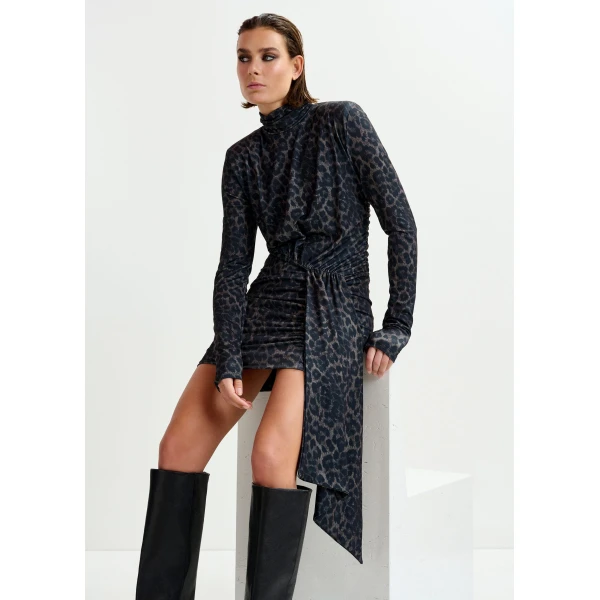 Essentiel Antwerp Brown and black draped leopard-print mini dress with ruched detailing - Essentiel Antwerp Dresses - Colorful Belgian Design - Shop at Luxury Shoes 