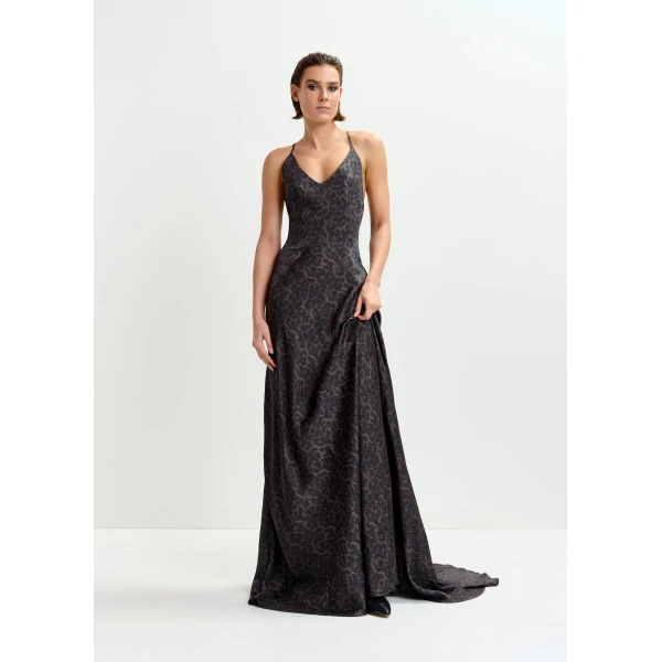 Essentiel Antwerp Brown and black leopard print maxi slip dress - Essentiel Antwerp Dresses - Colorful Belgian Design - Shop at Luxury Shoes 