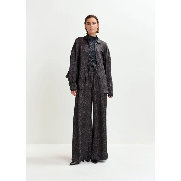 Essentiel Antwerp Brown and black leopard print wide-leg pants - Essentiel Antwerp Pants - Colorful Belgian Design - Shop at Luxury Shoes 