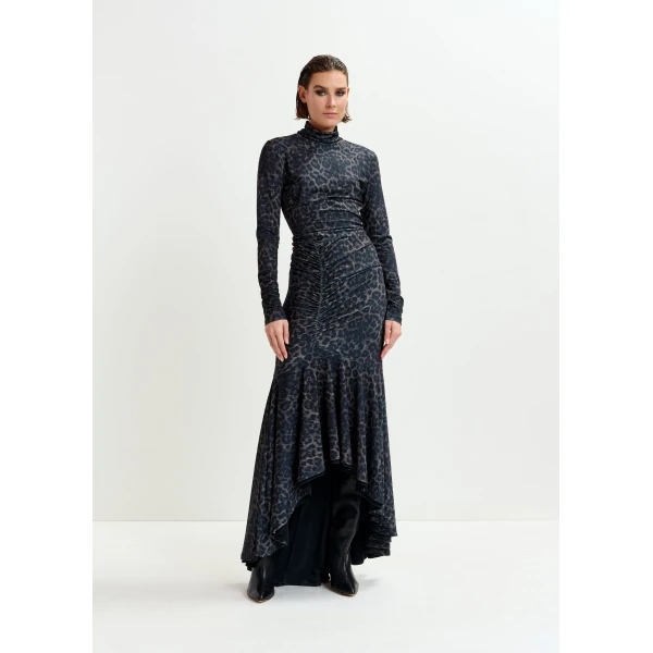 Essentiel Antwerp Brown and black ruched leopard print dress with asymmetric hemline - Essentiel Antwerp Dresses - Colorful Belgian Design - Shop at Luxury Shoes 