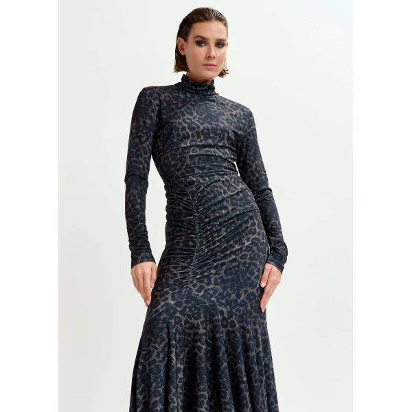 Essentiel Antwerp Brown and black ruched leopard print dress with asymmetric hemline - Essentiel Antwerp Dresses - Colorful Belgian Design - Shop at Luxury Shoes 