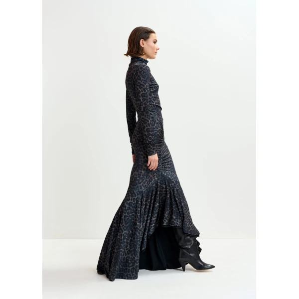 Essentiel Antwerp Brown and black ruched leopard print dress with asymmetric hemline - Essentiel Antwerp Dresses - Colorful Belgian Design - Shop at Luxury Shoes 