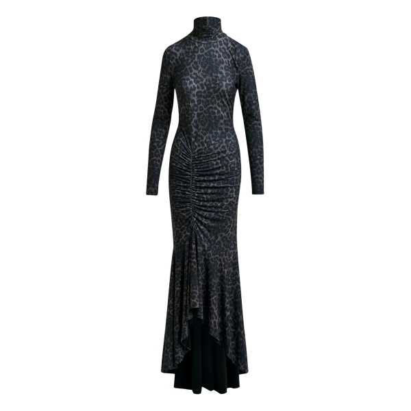 Essentiel Antwerp Brown and black ruched leopard print dress with asymmetric hemline - Essentiel Antwerp Dresses - Colorful Belgian Design - Shop at Luxury Shoes 