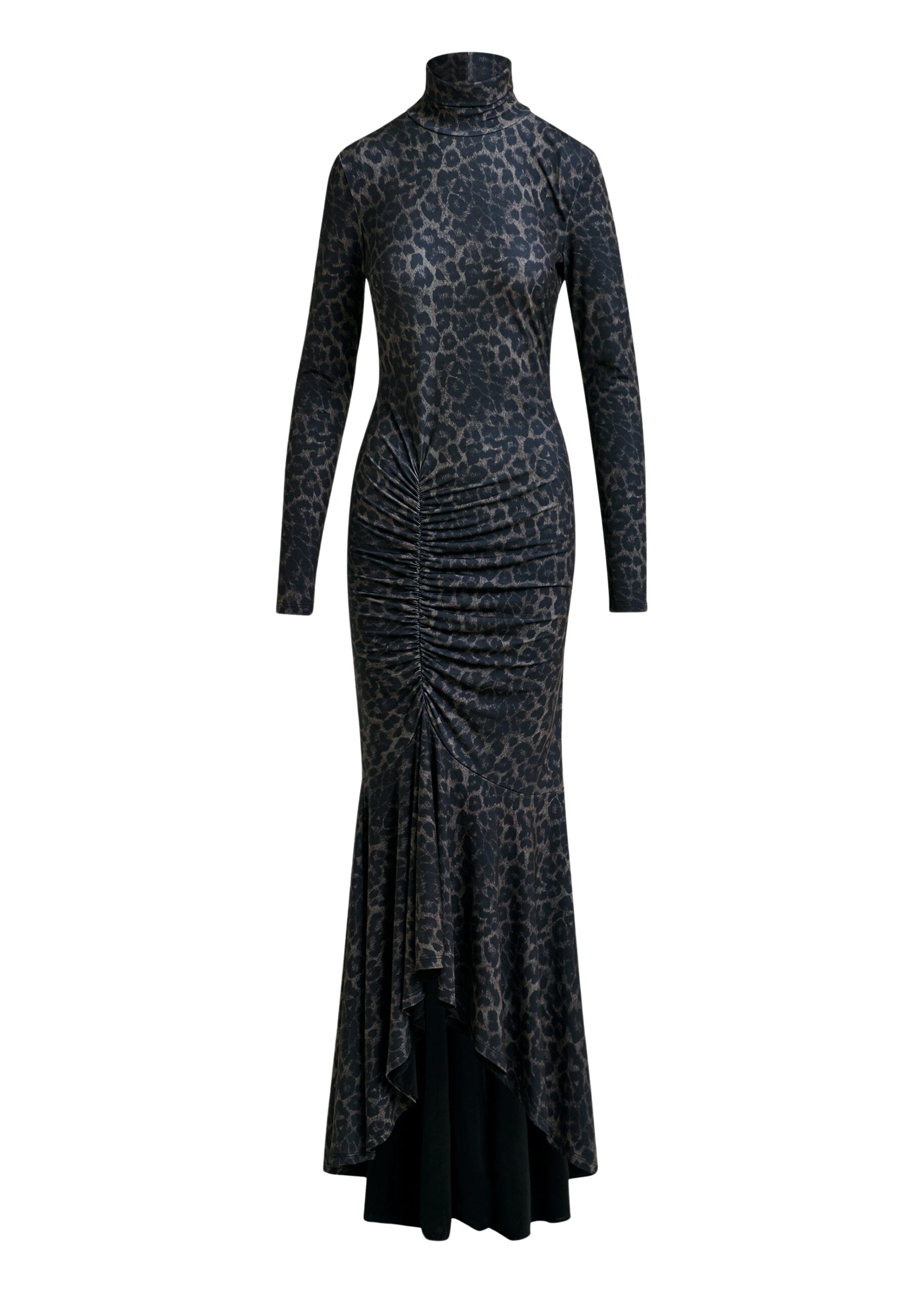 Essentiel Antwerp Brown and black ruched leopard print dress with asymmetric hemline