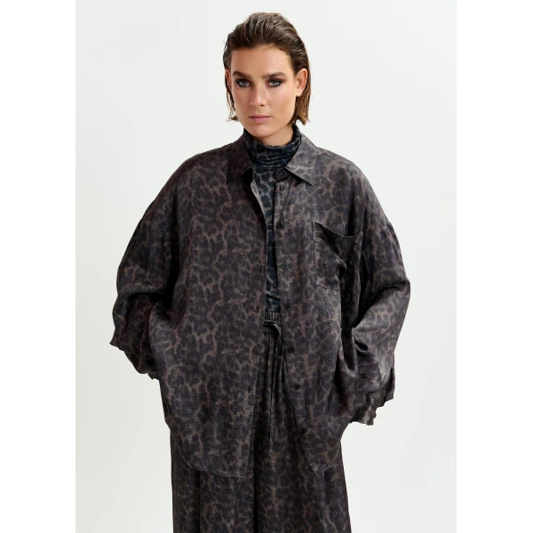 Essentiel Antwerp Brown and black ruffle-trimmed oversized leopardprint shirt - Essentiel Antwerp Shirts - Colorful Belgian Design - Shop at Luxury Shoes 