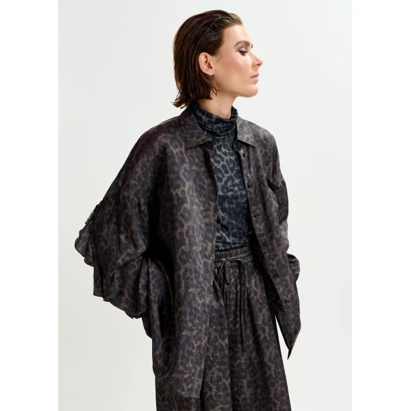 Essentiel Antwerp Brown and black ruffle-trimmed oversized leopardprint shirt - Essentiel Antwerp Shirts - Colorful Belgian Design - Shop at Luxury Shoes 