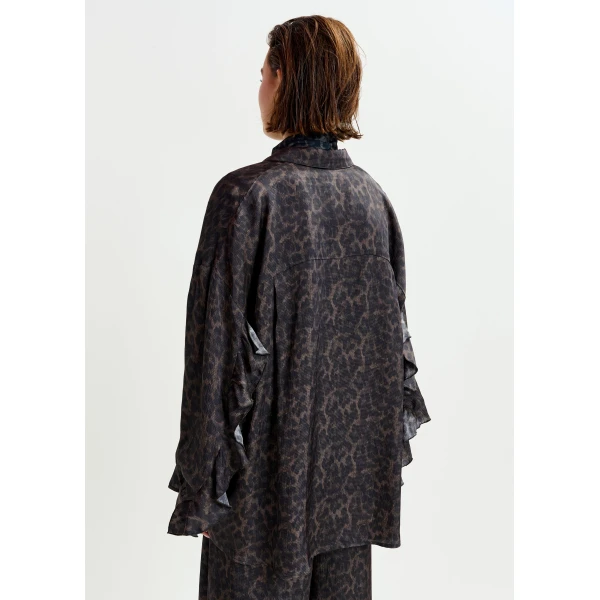 Essentiel Antwerp Brown and black ruffle-trimmed oversized leopardprint shirt - Essentiel Antwerp Shirts - Colorful Belgian Design - Shop at Luxury Shoes 