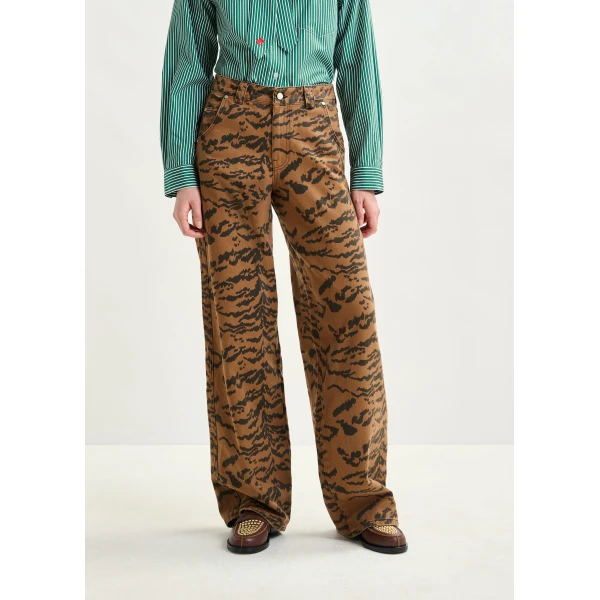 Essentiel Antwerp Brown and black tiger-print tapered-leg jeans - Essentiel Antwerp Pants - Colorful Belgian Design - Shop at Luxury Shoes 