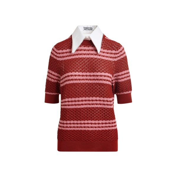 Essentiel Antwerp Brown and pink striped honeycomb knit polo with rhinestone-embellished detachable collar - Essentiel Antwerp Tops - Colorful Belgian Design - Shop at Luxury Shoes 