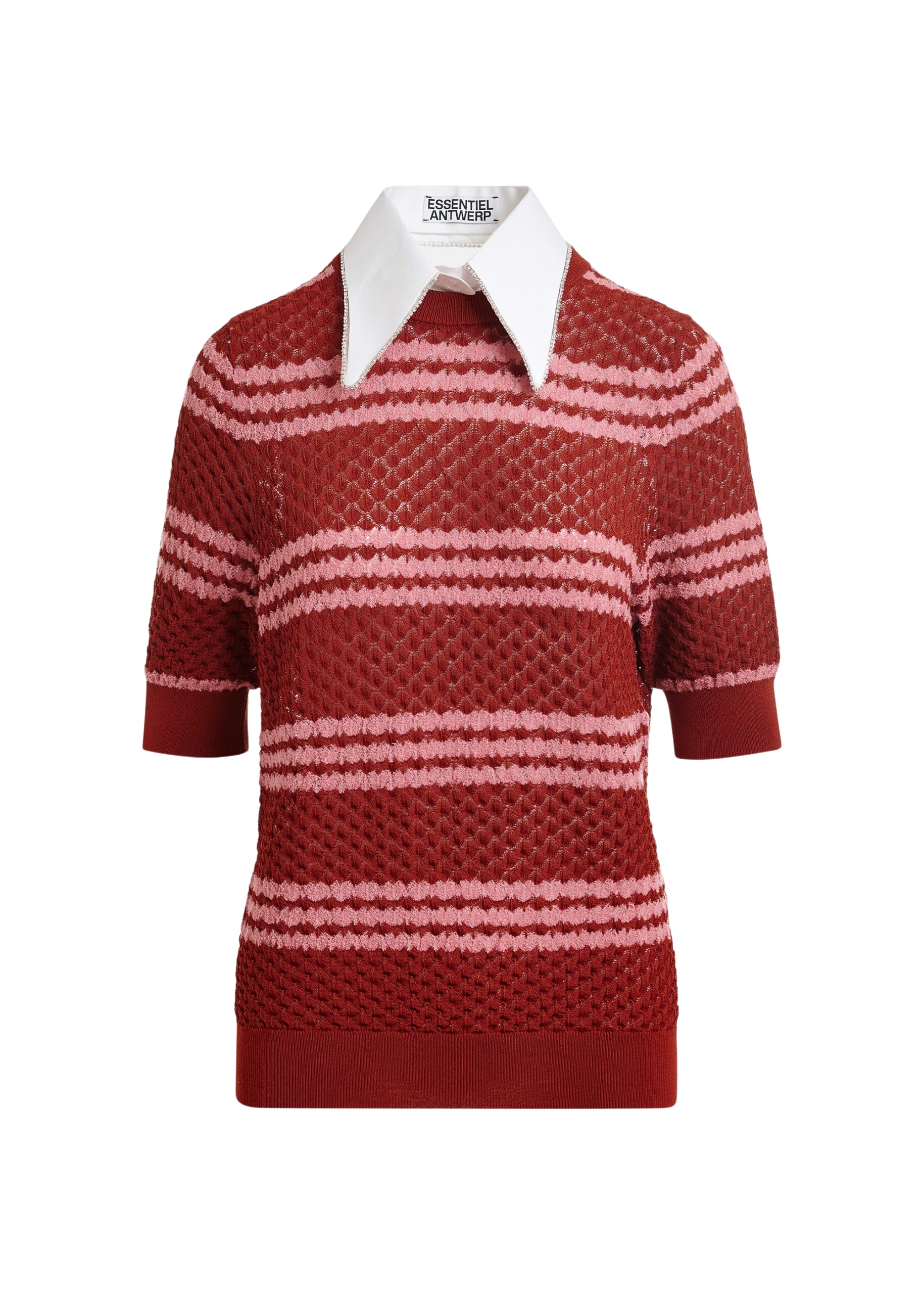 Essentiel Antwerp Brown and pink striped honeycomb knit polo with rhinestone-embellished detachable collar